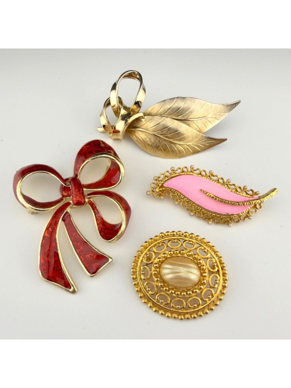 Vintage Gold Tone Enamel Brooch Lot Bow Leaf Pink Statement